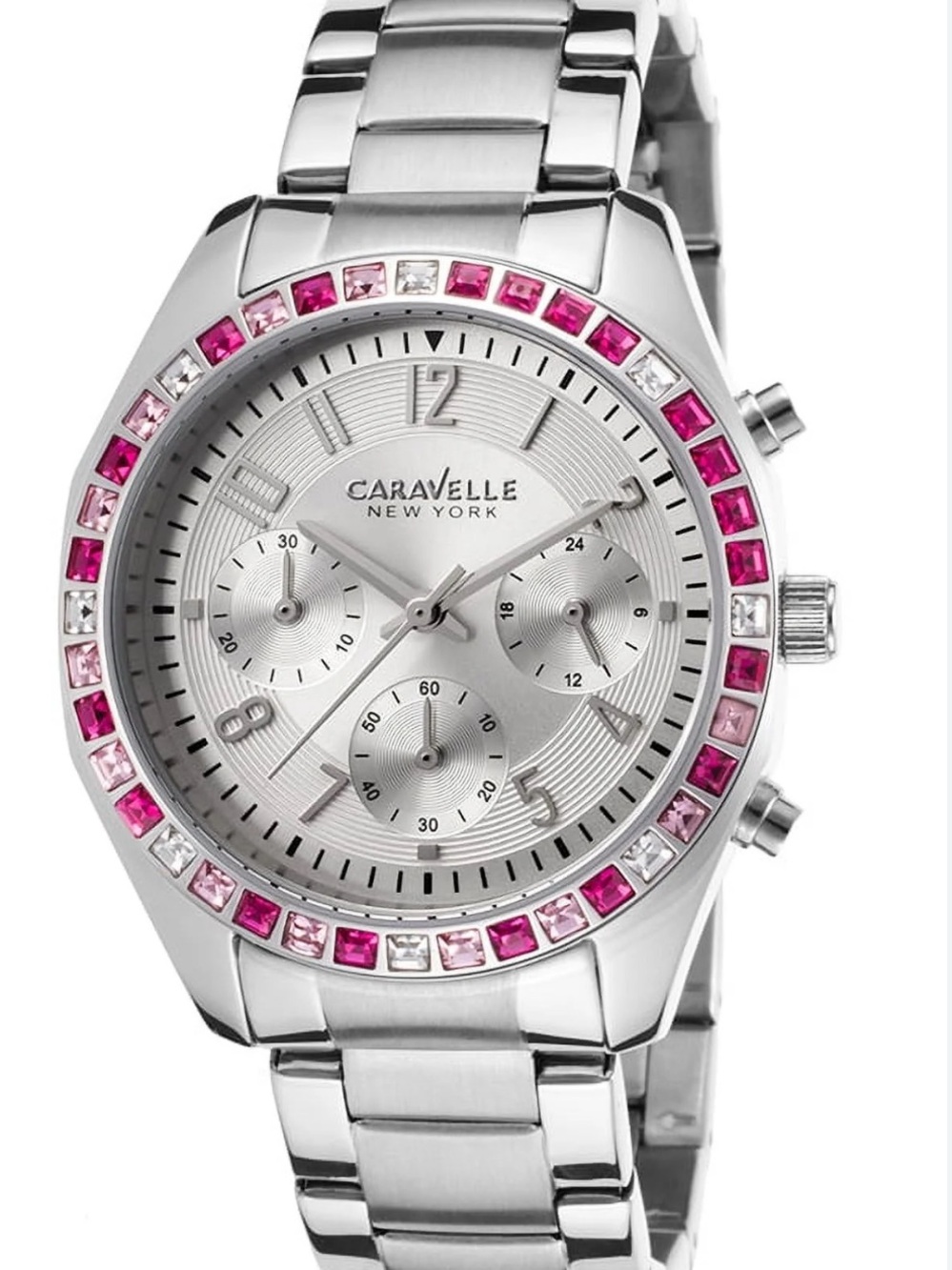 Caravelle New York Women's Silver Watch with Pink Crystal Bezel